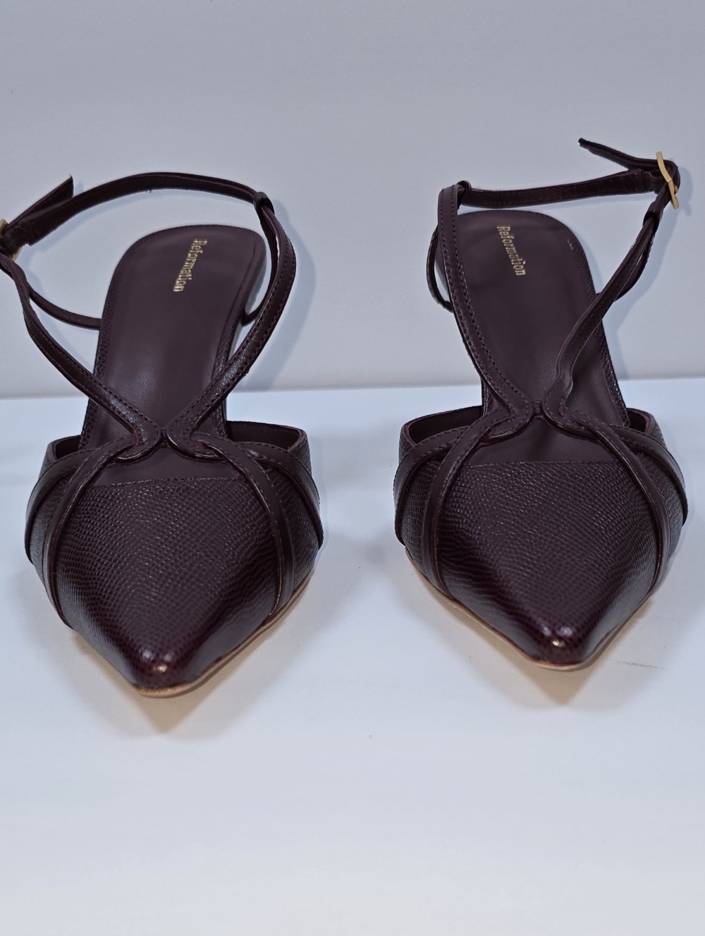 Reformation Patty Slingback Burgundy Embossed Leather Pointed Toe Heels Sz 7.5 - Picture 6 of 15